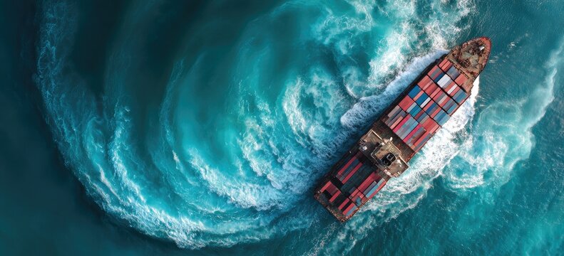 Cargo ship navigating turbulent ocean waters