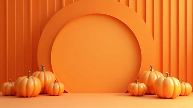 Orange pumpkins arranged against a matching backdrop with circular and linear elements design concept