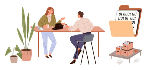 Fototapeta premium Two coworkers converse at a desk with a plant and coffee, a laptop open. Nearby, digital folder with binary code, physical archive boxes. Ideal for teamwork, office work, productivity, collaboration
