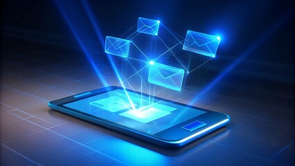 Futuristic holographic email icons above digital tablet glowing technology interface