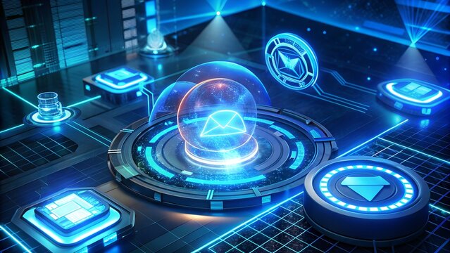 Futuristic holographic email and mobile communication interface glowing digital design