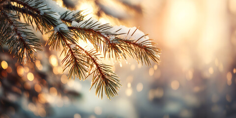 Close-up of a snow-covered pine branch glowing in warm sunlight. A tranquil winter nature scene ideal for seasonal branding, holiday campaigns, and eco-themed visuals.