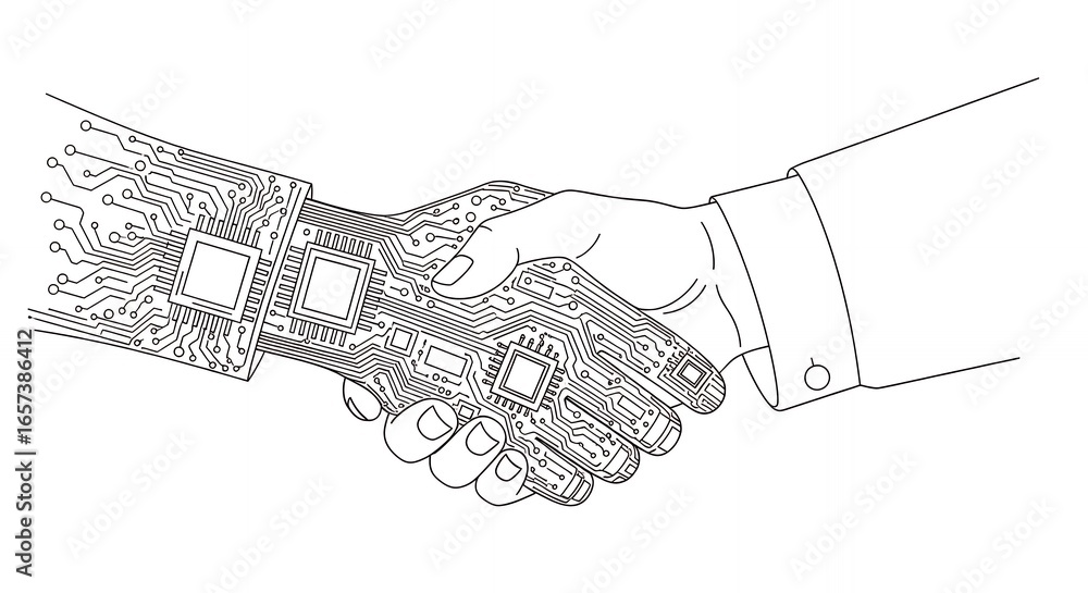 Aufkleber line art illustration of a handshake between a human hand and a robotic hand with circuits and chips