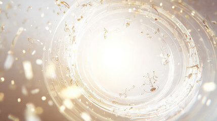 Pulsating circular sound waves with golden notes emanate healing energy symbolizing music therapy's restorative power