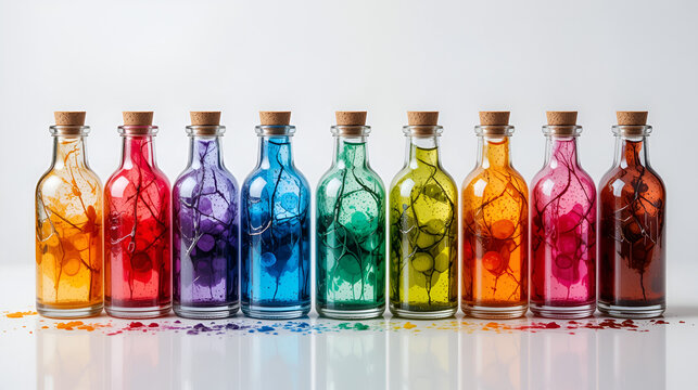 seis botellitas de vidrio con tintas diluidas multicolor y fondo blanco