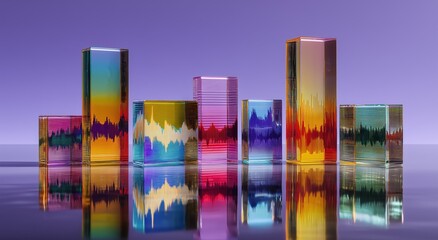 Vibrant Audio Waveform: A dynamic digital representation of sound waves, depicted through translucent, colorful prisms that seem to dance across a reflective surface. 