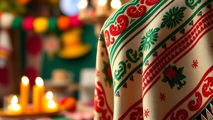 Traditional embroidered serape draped over wooden chair, candlelight reflecting on patterns, blurred fiesta decorations.