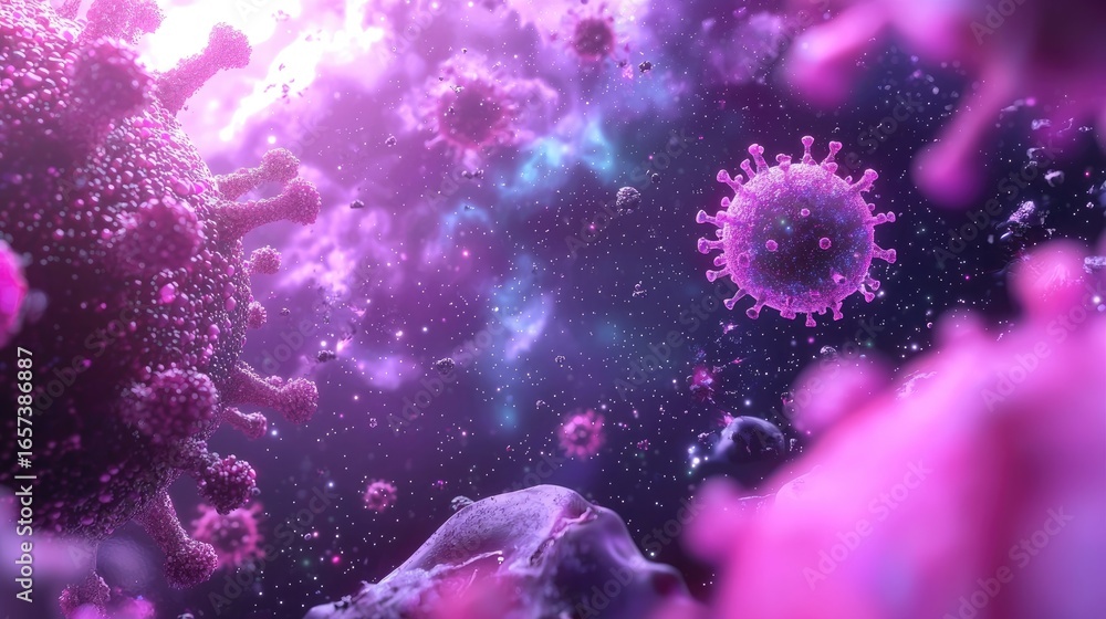Poster abstract depiction of viruses in a colorful cosmic space showcasing intricate structures and vibrant