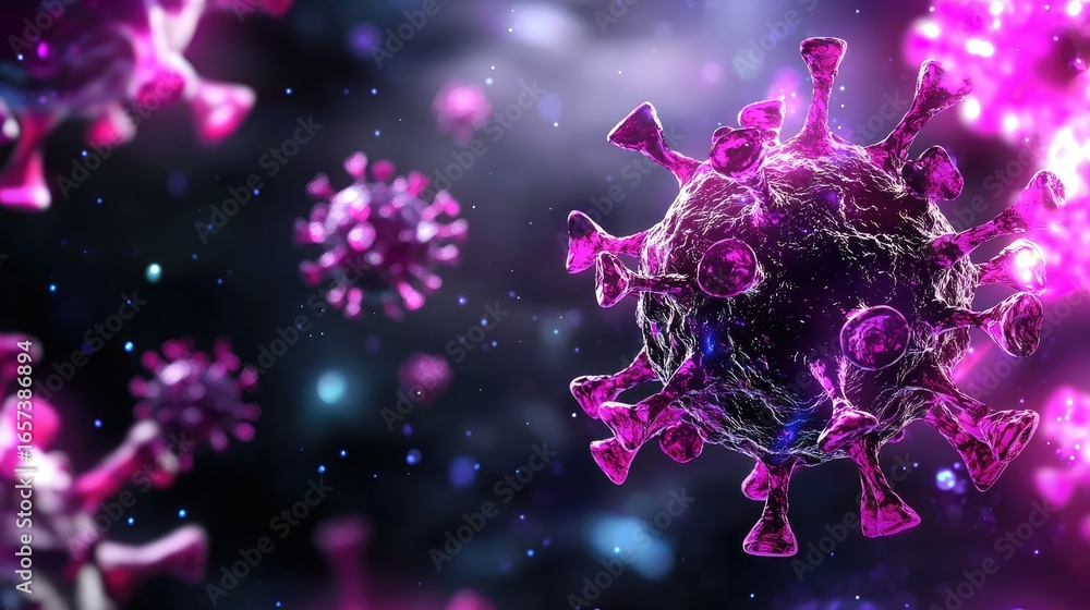 Poster colorful 3d representation of virus particles on a dark background with glowing elements and abstrac