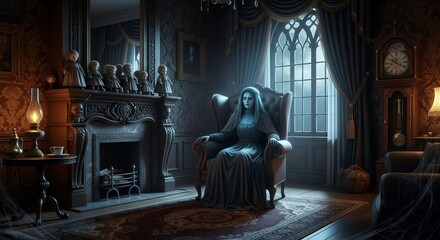 Spectral woman in a gothic room with dolls on the mantle and a grandfather clock. Concept for Halloween decoration, haunted houses, and supernatural themes