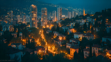 Obraz premium Night View of Cityscape with Hillside Buildings and Lights