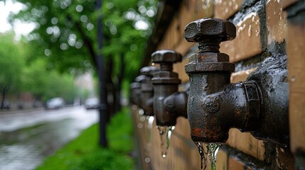 Fototapeta premium Rusty Water Faucet Dripping on a Wet Brick Wall Surrounded by Green Trees on a Rainy Day