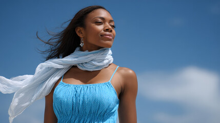 woman adjusts her scarf as gentle breeze flows through her long flowing dress evoking sense of grace and elegance