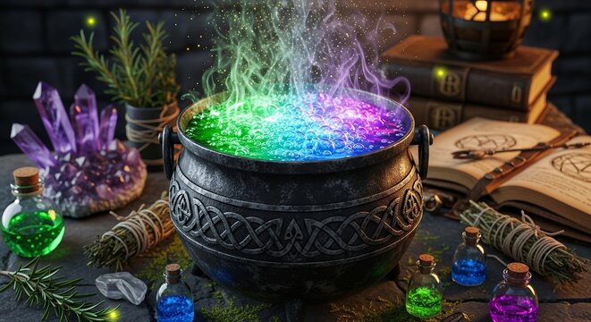 Mystical cauldron with bubbling rainbow liquid and scattered magical items on a stone surface, concept for Halloween themed illustrations, fantasy game backgrounds and occult rituals