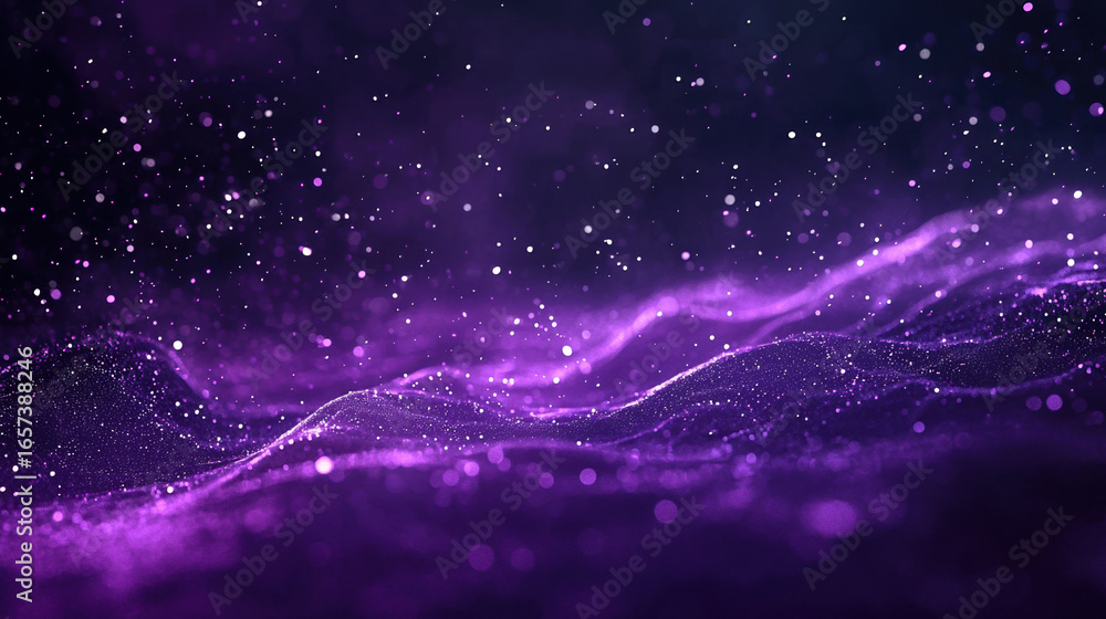 Sticker a purple background with particles or elements randomly drifting in space.
