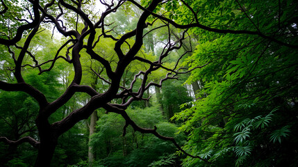 Dynamic forest background twisting gnarled branches and lush layered foliage crisp light accentuating natural details for a bold artistic capture