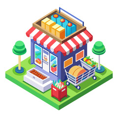 Isometric grocery store with fresh produce and shopping cart