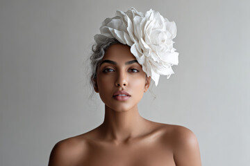 capture photorealistic ultraminimalist image of contemporary woman wearing unique headpiece against clean gray