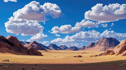 Vast Desert Landscape with Dramatic Clouds and Rocky Mountains under a Clear Blue Sky
