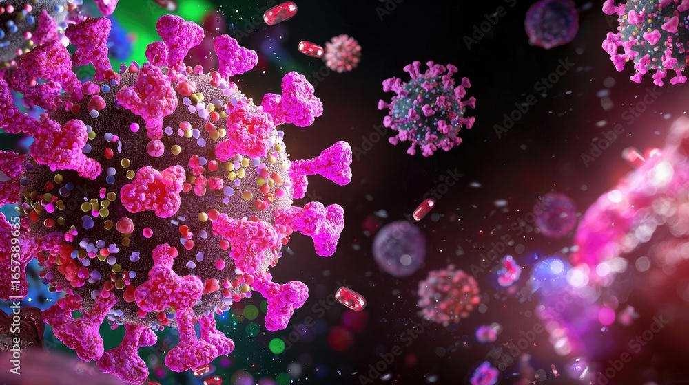 Poster close-up view of colorful coronavirus particles floating in a vibrant abstract background
