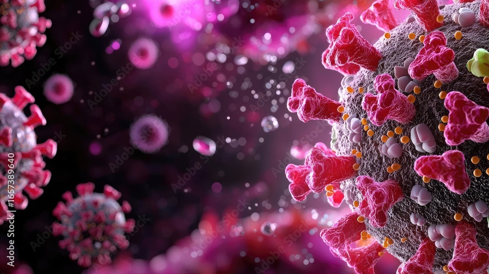 Poster detailed macro representation of virus structure with vibrant colors and dynamic background effects