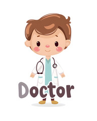 adorable cartoon illustration of a child dressed as a doctor, wearing a white coat and stethoscope