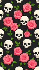 Skull and rose pattern on black