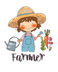 adorable cartoon of a young child dressed as a farmer, wearing a straw hat and denim overalls, happily holding a watering can and a carrot