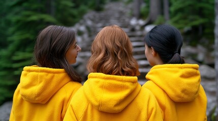 Fototapeta premium Three young women in yellow hoodies stand outdoors looking at stone stairs in a forest