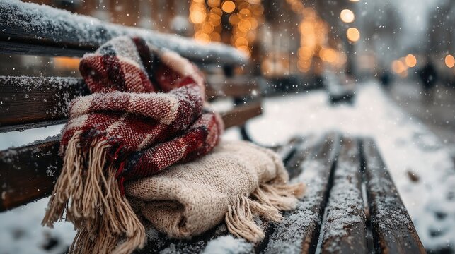 Cozy plaid scarf on snowy bench
