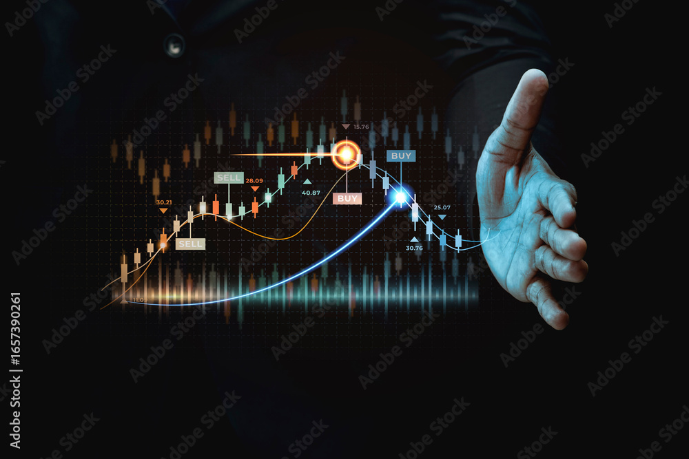 Aufkleber hand reaching out towards a rising stock market graph with glowing data visualizations.