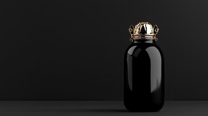 Elegant black glass bottle with golden metal cap on a dark background showcasing modern and minimalist design aesthetics