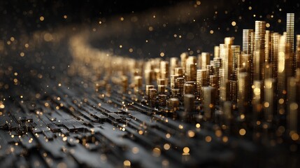 Abstract city of gold cylinders on dark textured ground