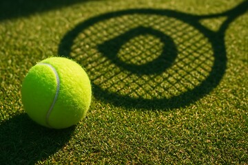 Bright yellow tennis ball on lush green grass with the shadow of a racket on a sunny day.