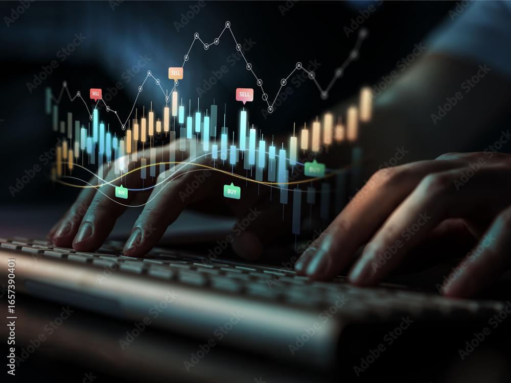 Aufkleber hands typing on a keyboard with a glowing financial graph overlayed, symbolizing data analysis and t