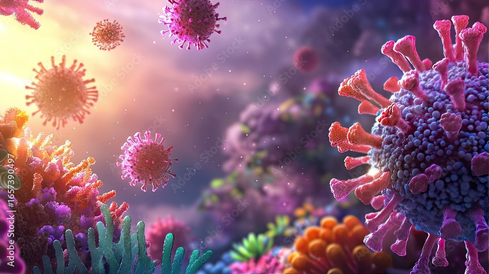 Poster vibrant and colorful representation of viruses under microscope with abstract coral background and g