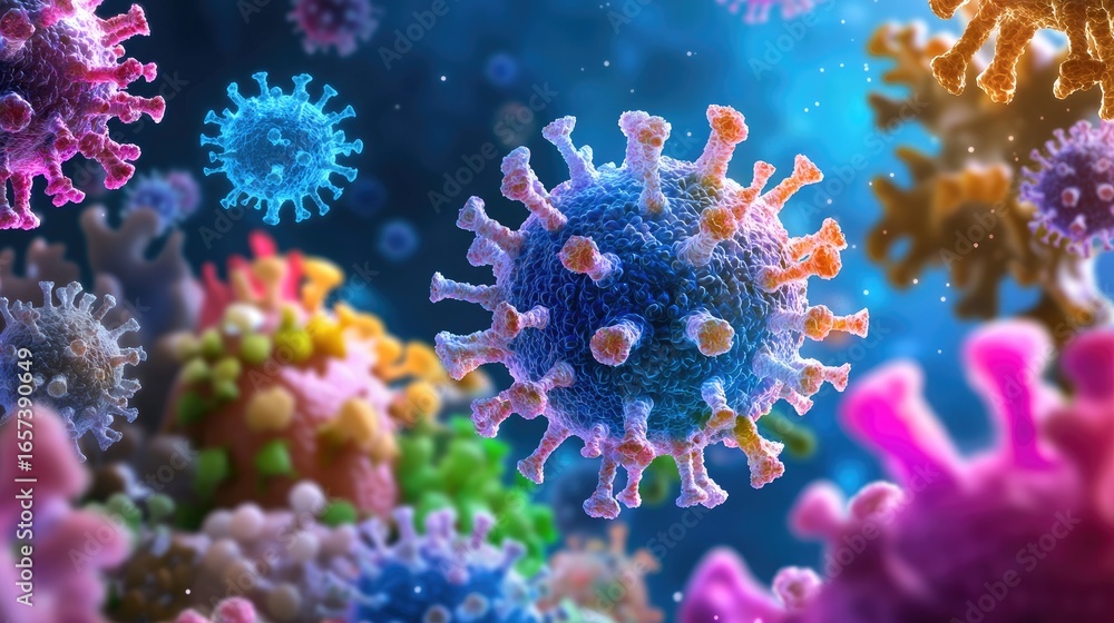 Aufkleber colorful visual representation of virus particles under microscope with artistic background