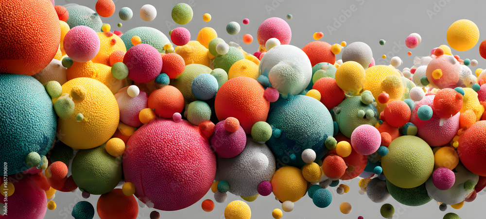 Poster Abstract composition with many colorful random flying spheres isolated on transparent background. Colorful rainbow matte soft balls in different sizes. PNG file