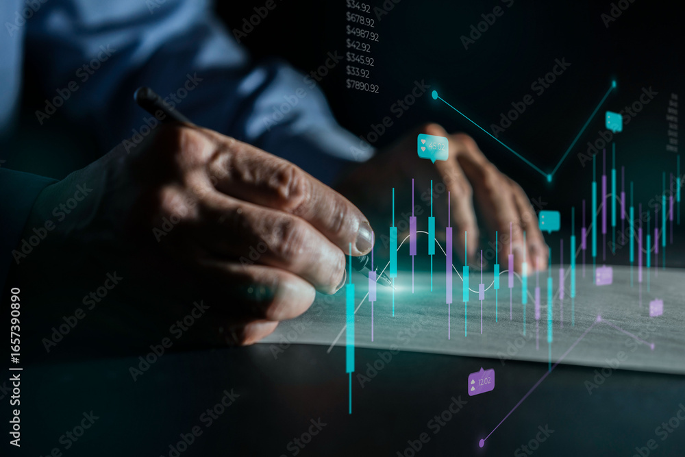 Aufkleber hands analyzing financial data with glowing charts and graphs on a dark background.