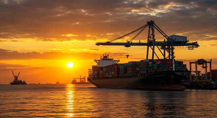 Fototapeta premium Container ship at a port during a beautiful sunset