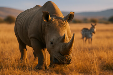 Obraz premium Large african rhinoceros grazing in dry savannah with zebra in background