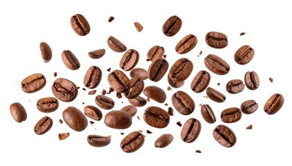 Obraz premium Roasted coffee beans scattered against a white background (1)