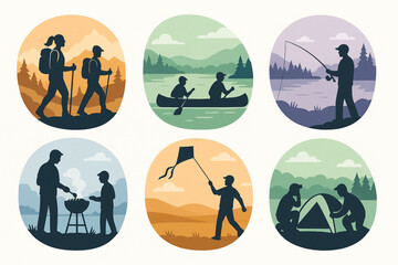 Outdoor Camping and Adventure Activities Vector Illustration Silhouettes Hiking Canoeing Fishing Cooking Kite Flying Tent Setup Flat Minimal Nature Scenery