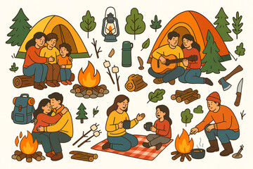 Fototapeta premium People Camping Outdoors Vector Illustration Families and Friends Sitting Around Campfires Playing Guitar Cooking and Relaxing Near Tents Flat Cartoon Design