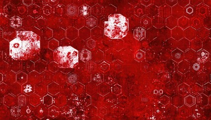 Abstract red background with hexagonal grid and graphic elements