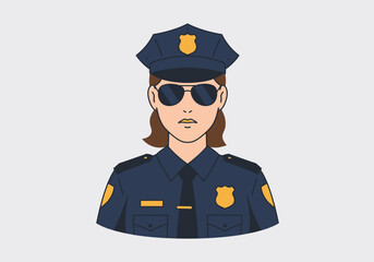 Illustration of a female police officer, wearing a uniform, sunglasses, and a hat, representing law enforcement and security.