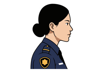 Woman in Uniform Profile View Illustration of a Police Officer with Detailed Clothing and Hairstyle on a Clean White Background