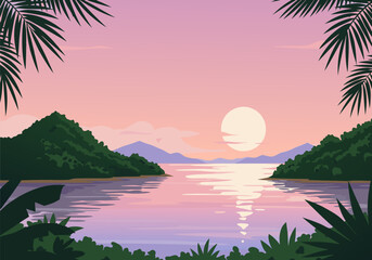 A serene tropical island landscape with jungle mountains over a calm bay at sunset, a beautiful vector graphic illustration background.