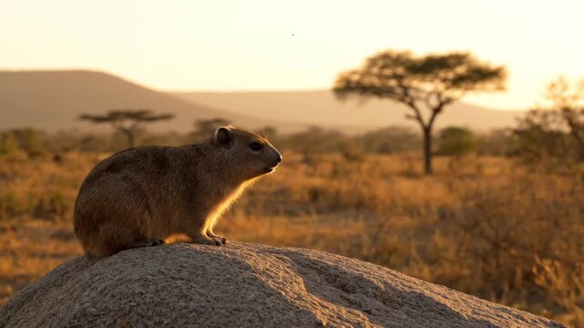rock hyrax sitting on boulder golden sunset savanna