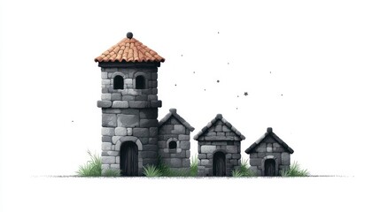 Stone buildings in ascending size order with a tiled roof tower architecture